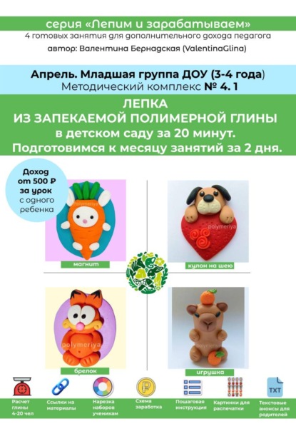 Полимерная глина в детском саду (ДОУ). Младшая группа. Апрель. Методический комплекс 4.1. Готовая программа лепки на месяц. 4 урока со схемами нарезки и видеоуроками.