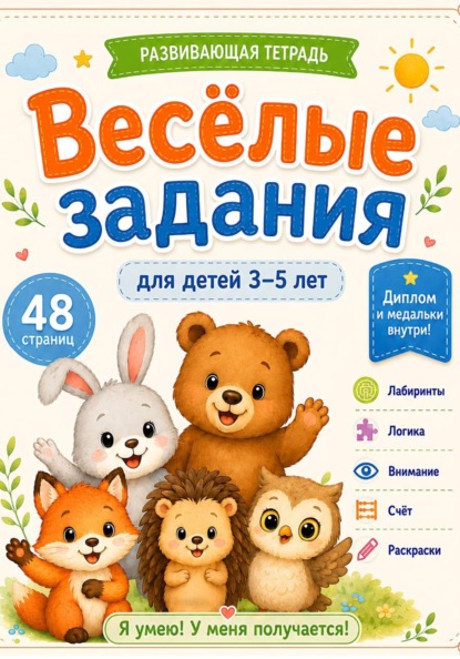 Скачать книгу Веселые задания для детей 3-5 лет. Развивающая тетрадь: лабиринты, логика, внимание, счёт, раскраски и награды